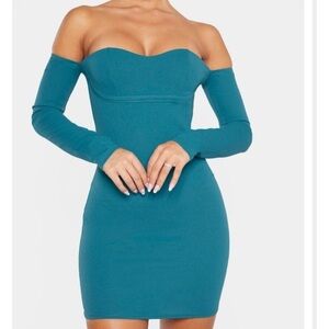 Prettylittlething Teal Binding Detail Bardot Bodycon Dress